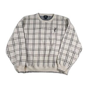 Trader Bay Sweater White Blue Windowpane 💯 Cotton Vtg USA 90s Mens 2XL